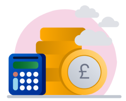 Stacked coins and calculator